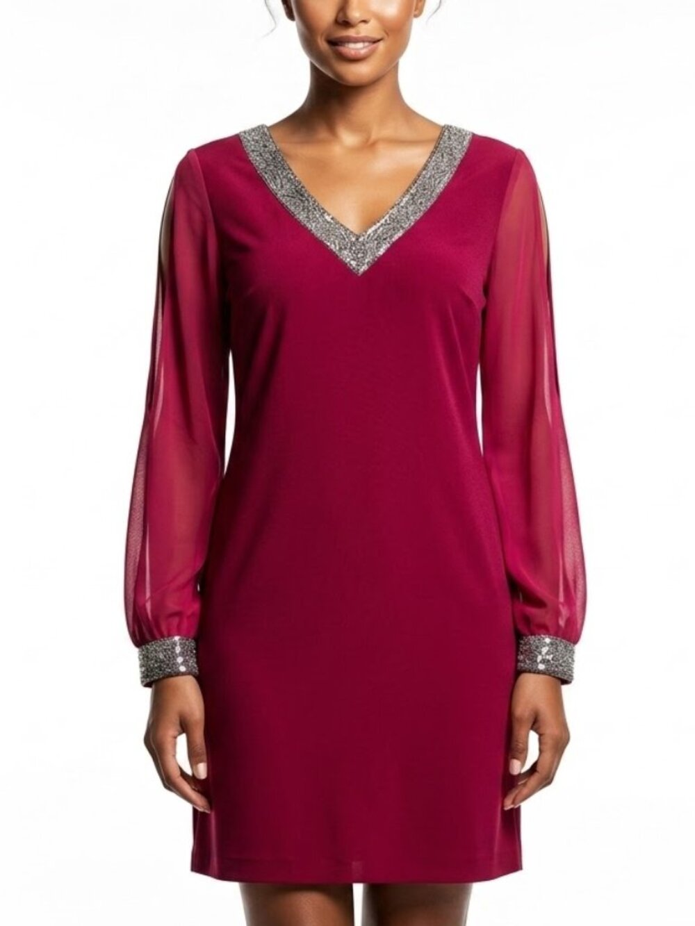 Boutique Magenta Sequin Trim Split Sleeve Shift Dress XXL